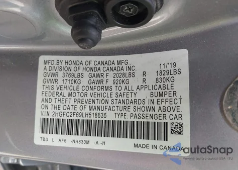 2020 Honda Civic Lx z USA, uszkodzony, nr VIN 2HGFC2F69LH518635
